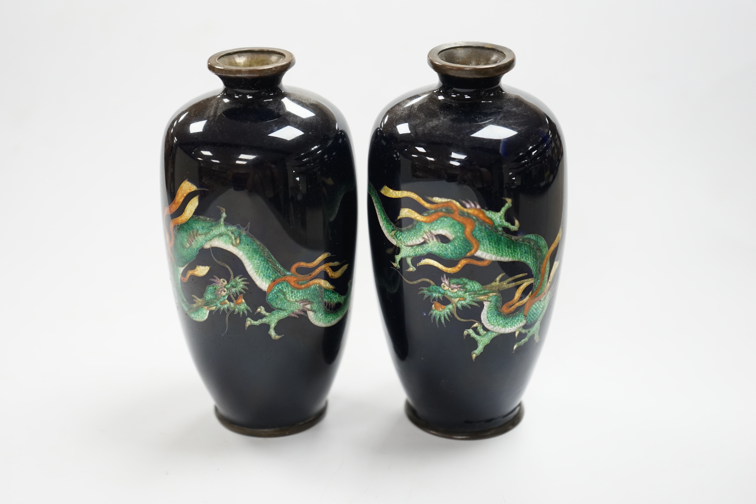 Two Japanese miniature enamelled dragon decorated vases,12cm high. Condition - good